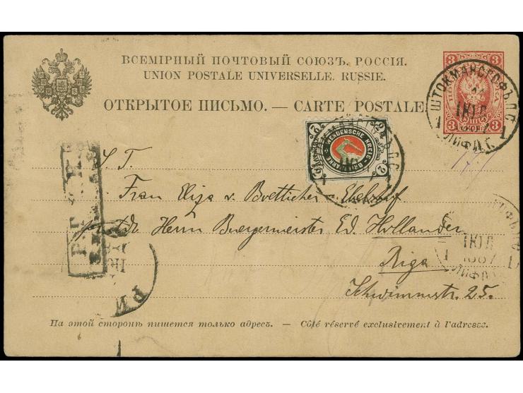 1884/94, Wenden coat of arms 2 k. tied by cds. "STOCKMANSDORF" to Russia postal stationery 3k. to Riga, few folds, otherwise 