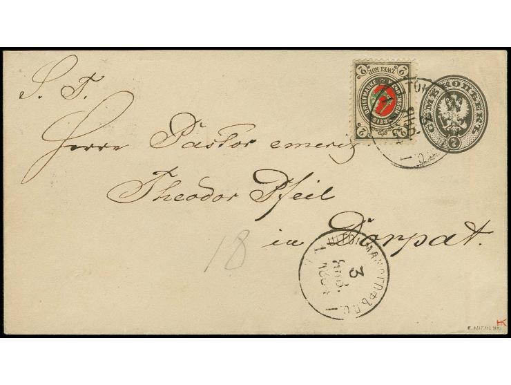 1884/94, Wenden coat of arms 2 k. tied by cds. "STOCKMANSDORF" to Russia postal stationery envelope 7 k. to Dorpat, fine, sig