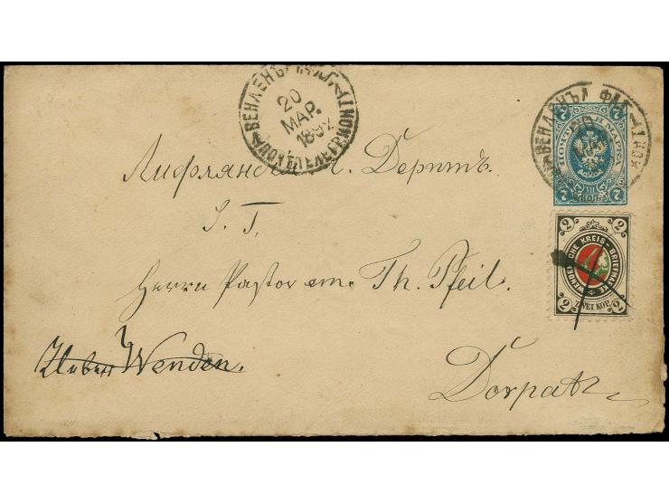 1884/94, Wenden coat of arms 2  k. tied by manuscript to Russia postal stationery envelope 7k. to Dorpat, slight toning at ri