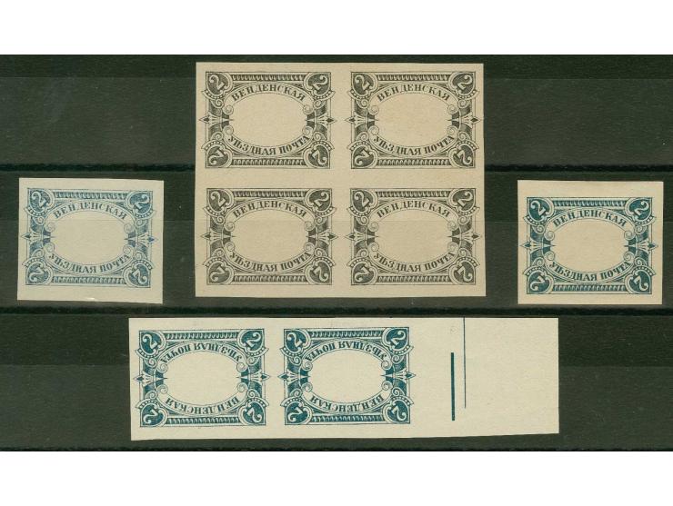 1901, Ruin Wenden 2 k.proofs in black and greenish-black, two singles, a pair and a block of four, unused without gum, fine, 