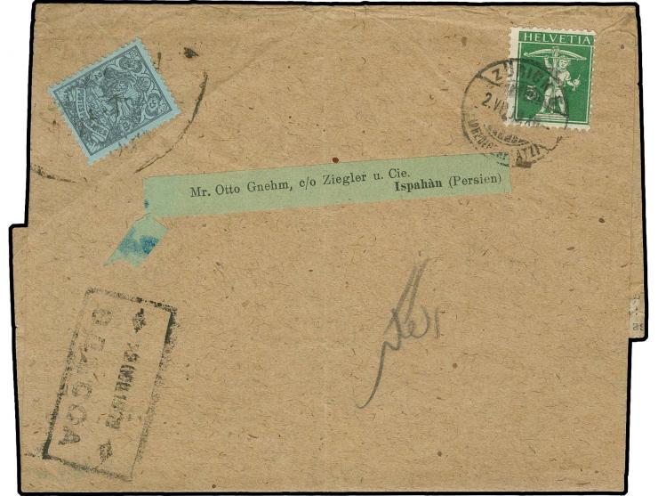2 ch., tied by faint Ispahan oval date stamp to printed matter wrapper from Zurich 1909 to Ispahan, showing on front boxed ce
