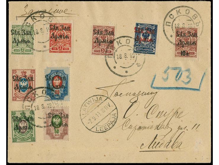 2-50 k. tied by cds. "PSKOV 18 8 19" to registered cover to Libau with arrival mark, few stains, otherwise fine
