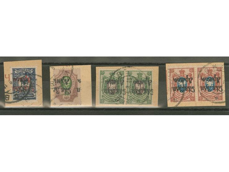 10 and 50 k. as singles and 15 and 25 k. as horizontal pair, all with inverted overprint, tied by cds. to piece, fine