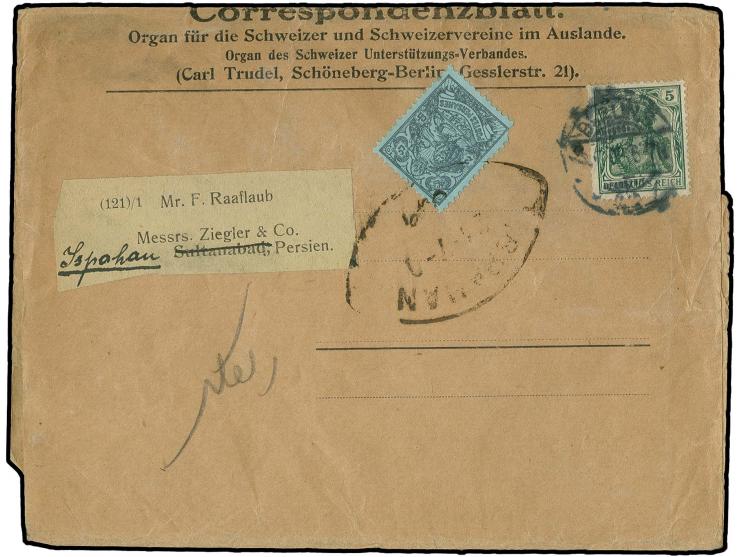 1907, lion on blue paper 2 ch. tied by oval Ispahan date stamp to printed matter wrapper from Germany 1909 to Ispahan with Te