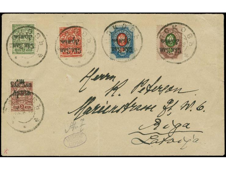 2-3 and 20 and 50 k. with inverted overprint and 10 k. on 5 with normal overprint, tied by cds. "PSKOV 15.8.19" to cover to R