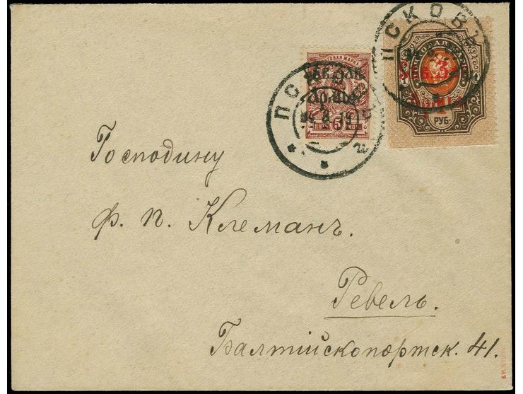 1 r. with red overprint and 5 k. with normal overprint tied by cds. "PSKOV 4 8 19" to cover, fine