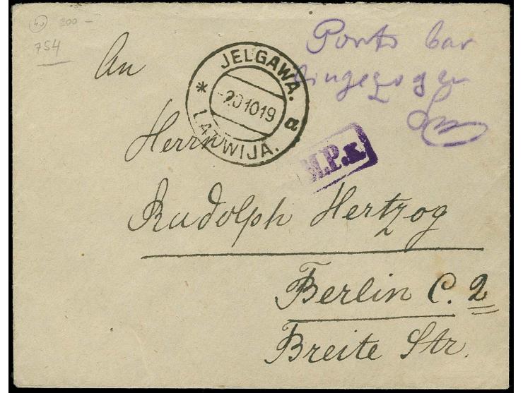 CASH-MARKINGS: "Porto bar eingezogen" manuscript  with adjacent cds. "JELGAWA 20 10 19" on cover to Berlin, fine