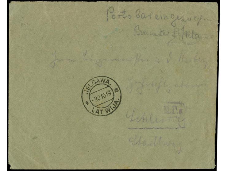 "Porto bar eingezogen Beamter..." manuscript  with adjacent cds. "JELGAWA 20 10 19" on cover to Schleswig, small tears at the