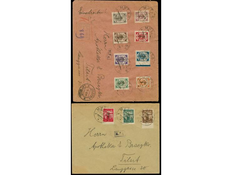 3-75 k. and 5-35 k. tied by cds. "MITAWA 10 10 19" to two registered and normal cover to Tilsit, the first with arrival mark,