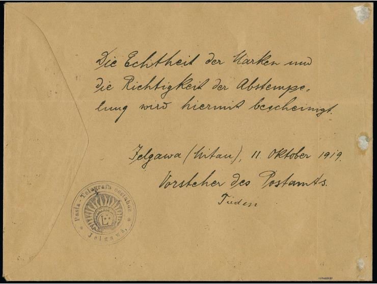 3-75 k. and 5-35 k. tied by cds. "JELGAWA -11 10 19" to blank cover, reverse with manuscript "guaranteed to be genuine..." an
