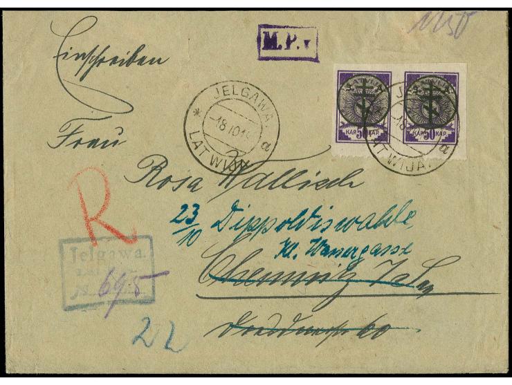 50 k. as horizontal pair tied by cds. "JELGAWA 18 10 19" to registered cover to Chemnitz, from there forwarded to Dippoldswal