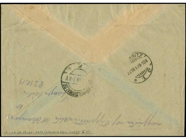 50 k. as horizontal pair tied by cds. "JELGAWA 18 10 19" to registered cover to Chemnitz, from there forwarded to Dippoldswal