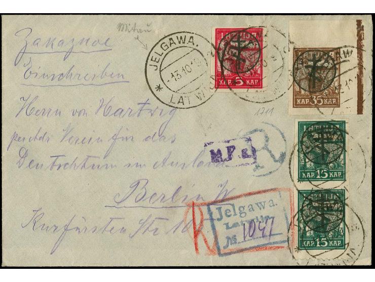 5-15 k., there 15 k. as vertical pair, tied by cds. "JELGAWA 13 10 19" to registered cover to Berlin, with complete receipt, 
