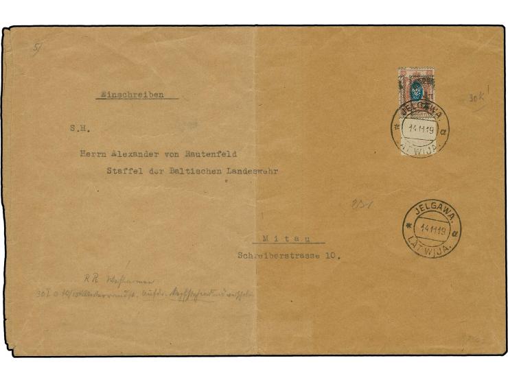 70(k) on 15 k. with lower sheet margin, with inverted and shifted overprint, tied by cds. "JELGAWA 14 11 19" to "Herrn Alexan