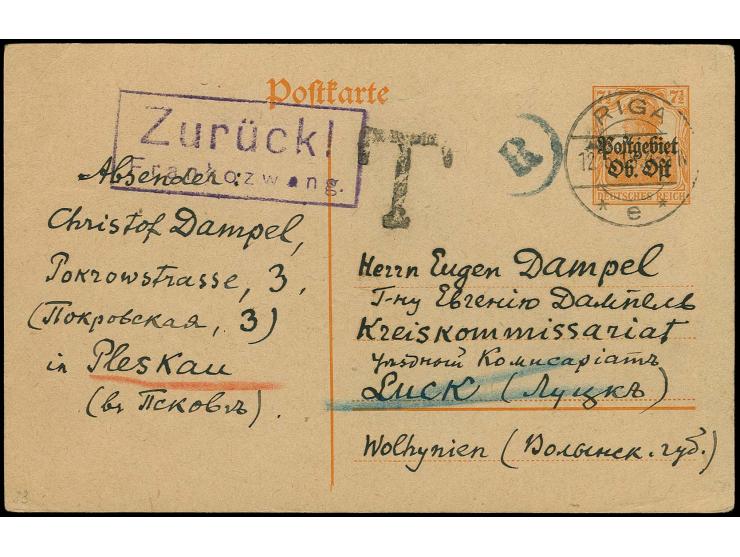 POST EXCHANGE WITH RUSSIA: 7½ pfg. postal stationery from Pleskau to Lutzk with cds. "RIGA 12.6.18", with adjacent boxed "Zur