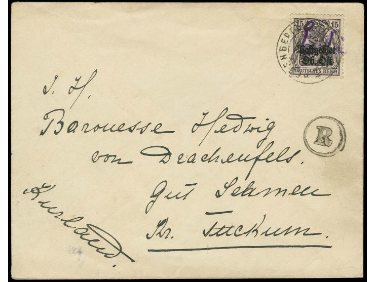 15 pfg. tied by cds. "WESENBERG 18 11 18" to card to Tuckum, transported by German fieldpost, censored in Riga and manuscript