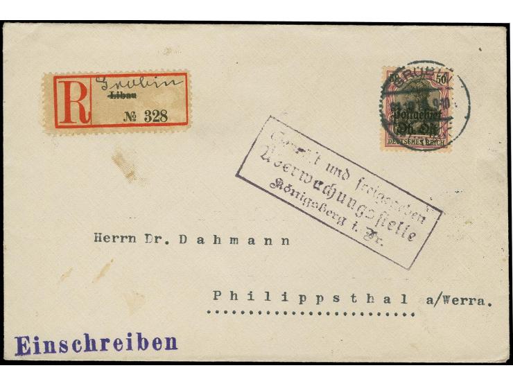 "GROBIN (KURLAND) 21.10.18" on 50 pfg. on registered Dahmann-cover to Philippsthal with arrival mark, fine