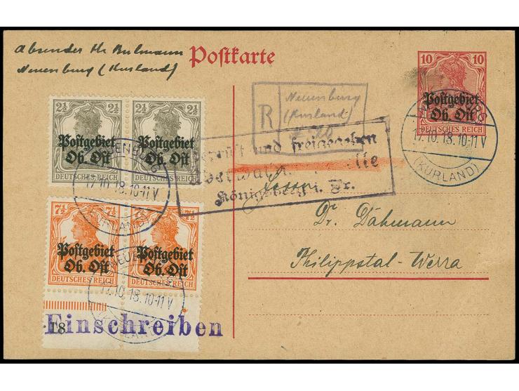 "NEUENBURG (KURLAND) 17.10.18" three clear strikes on registered postal stationery 10 pfg. with additional franking and handw