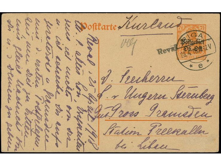 "Reval" small straightline cancel on postal stationery 7½ pfg. with additional cds. "RIGA 28.4.18", the post office in Reval 