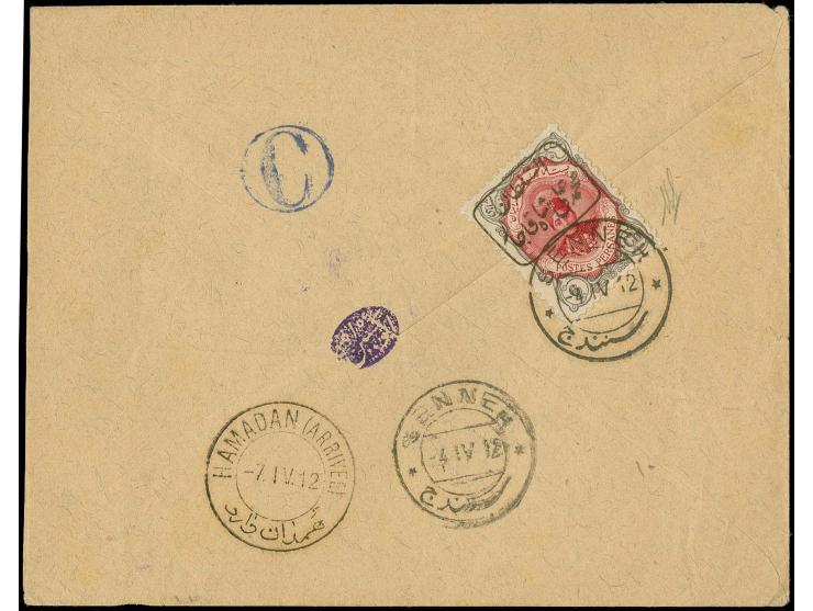 1913, Senneh rebellion issue 6 ch. tied by cds. "SENNEH 4.IV 12" to reverse of cover to Hamadan, not rejected; fine and scarc