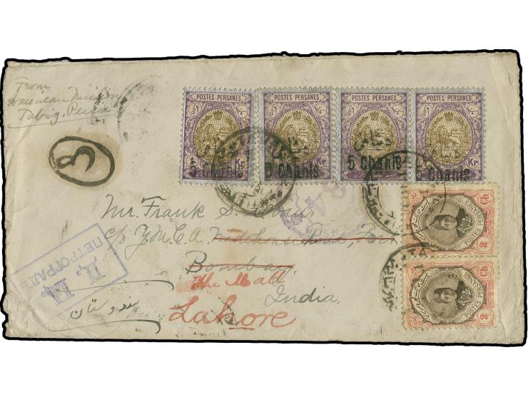 1915/17, revalued stamps 5 ch. on 1 kr., horizontal pair and 2 singles with Ahmad Shah 2 ch. in horizontal pair, tied by Taur