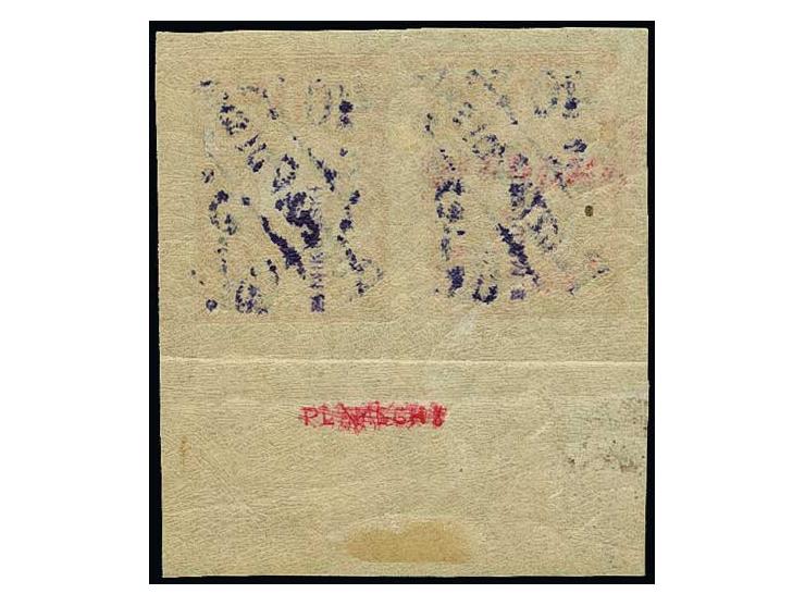 40 gr. on 1 k. as horizontal pair with upper sheet margin, inverted overprint, the left stamp without German overprint, unuse
