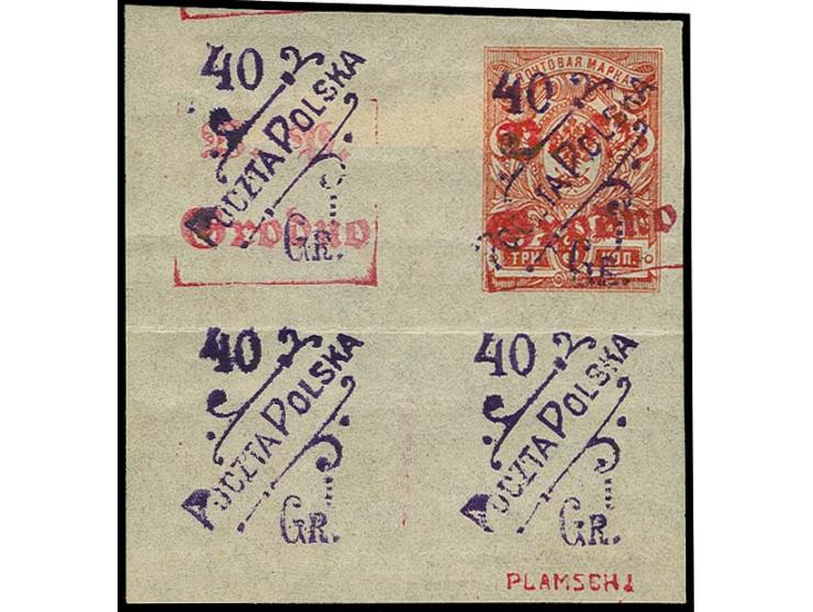 40 gr. on 3 k. from the lower left sheet corner, the left with Polish and German overprint, at bottom two "stamps" with Polis