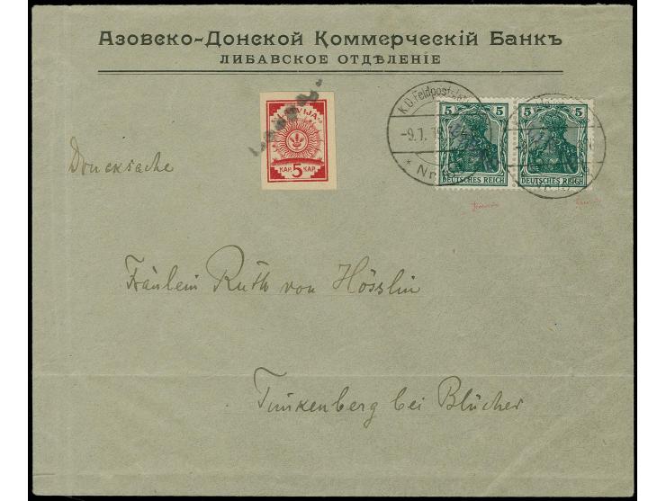 5 pfg. as horizontal pair tied by cds. "K.D. Feldpoststation -9.1.19" to cover additionally franked with Latvia 5 k. red to G