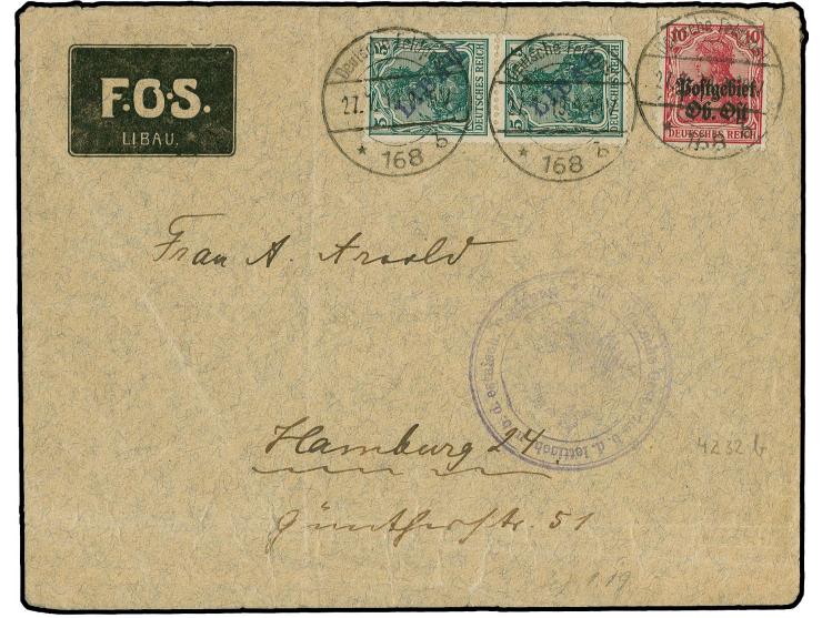 5 pfg. as vertical pair together with Ober Ost 10 pfg. tied by cds. "Deutsche Feldpost 27.1.19" to cover to Hamburg, lower 5 