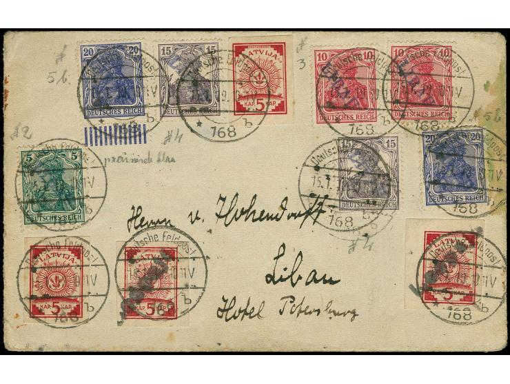 5 - 20 pfg., two singles each together with Latvia 1918 5 k. tied by cds. DEUTSCHE FELDPOST 15 1 19" to local cover, openend 