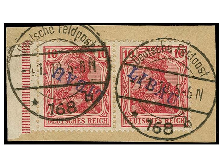 10 pfg. as horizontal pair with left sheet magin, the left stamp with inverted overprint, tied by cds. to piece, scarce, fine