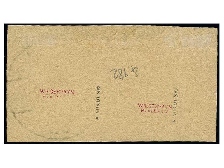 10 pfg. as horizontal pair with left sheet magin, the left stamp with inverted overprint, tied by cds. to piece, scarce, fine
