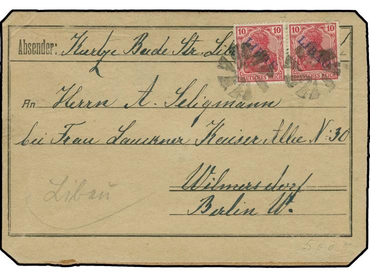 10 pfg. as horizontal pair tied by cork-cancellation to complete parcel-address to Wilmersdorf, the left 10 pfg. with small i