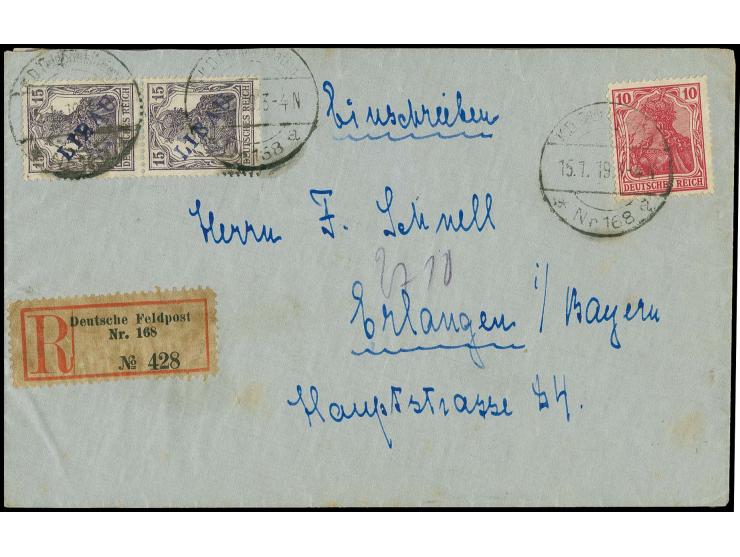 15 pfg. as vertical pair and Deutsches Reich Germania 10 pfg. without overprint tied by cds. "K.D. FELDPOST 15.1.9" to regist