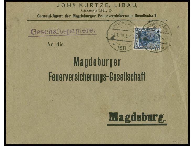 20 pfg. ultramarine tied by cds. "DEUTSCHE FELDPOST -8.7.19" to cover to Madgeburg, a scarce cover, fine, certificate Schlege