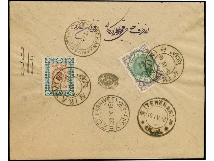 10 ch. with Ahmad Shah 24 ch., tied by cds. "KAZVIN 5-IV.16" to reverse of registered envelope via Teheran to Yezd with trans