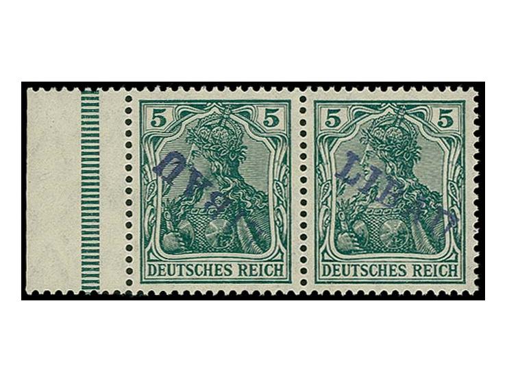 5 pfg. as horizontal pair with left sheet margin, the left stamp with inverted overprint, unused, fine, signed Mikulski