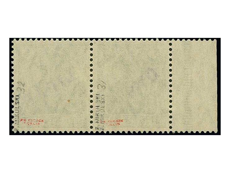 5 pfg. as horizontal pair with left sheet margin, the left stamp with inverted overprint, unused, fine, signed Mikulski
