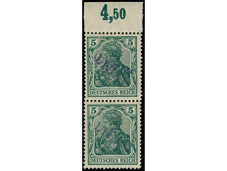 5 pfg. as vertical pair with upper sheet margin, the upper stamp with clear doubleprint, unused, scarce, fine, signed Schlege