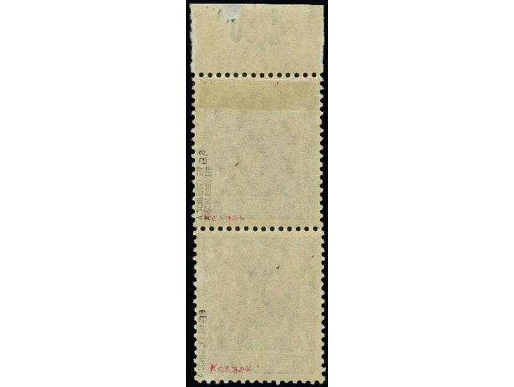 5 pfg. as vertical pair with upper sheet margin, the upper stamp with clear doubleprint, unused, scarce, fine, signed Schlege