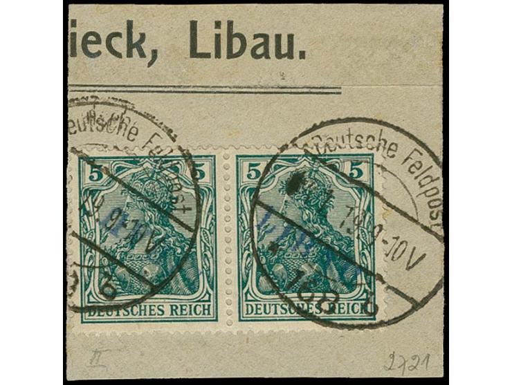 5 pfg. as horizontal pair, the left stamp with inverted overprint, tied by cds. to piece (lifted for inspection), fine, signe