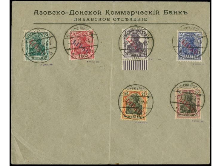 5 and 15-50 pgf. with red and 10 pfg. with violet-blue overprint, tied by cds. to blank envelope, stamps fine, cover folded, 