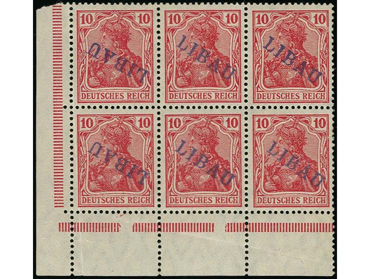 10 pfg. as block of six from the lower left sheet corner, left stamps with inverted overprint, unused, the center stamp at bo