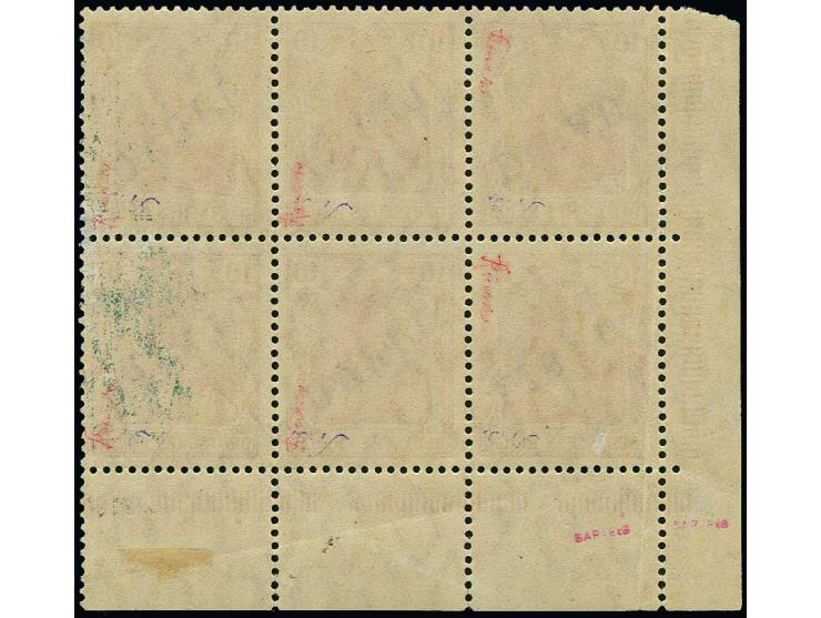 10 pfg. as block of six from the lower left sheet corner, left stamps with inverted overprint, unused, the center stamp at bo