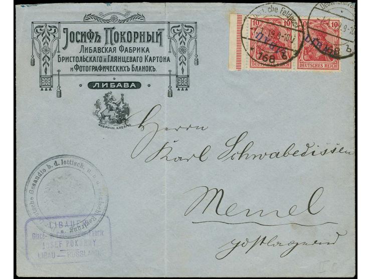 10 pfg. as horizontal pair with left sheet margin, the left stamp with inverted overprint, tied by cds. to cover addressed to