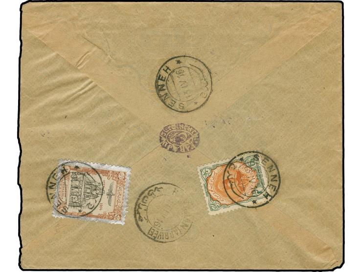 1915, coronation issue 1 kr. with Ahmad Shah 1 ch. tied to reverse of censored cover 1916 from Senneh to Hamadan with arrival