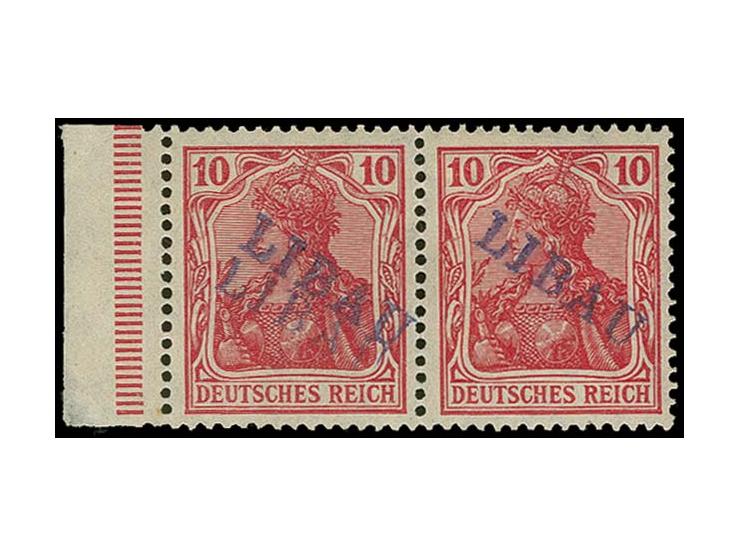 10 pfg. as horizontal pair with left sheet margin (small thin), the left stamp with clear double overprint, unused, fine, sig