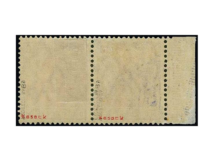 10 pfg. as horizontal pair with left sheet margin (small thin), the left stamp with clear double overprint, unused, fine, sig