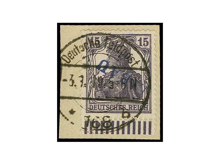 15 pfg. with lower sheet margin with inverted overprint, tied by clear cds. to piece, fine, signed Schlegel BPP