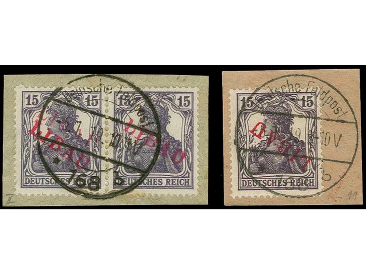 15 pfg. as horizontal pair, the left stamp with clear double print tied by cds. to piece and 15 pfg. with inverted overprint 